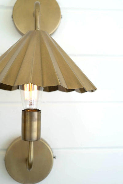 Double Antique Brass Wall Lamp With Pleated Metal Shade