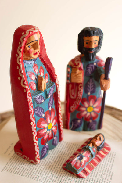 Set Of Three Painted Wooden Mary, Joeseph And Jesus