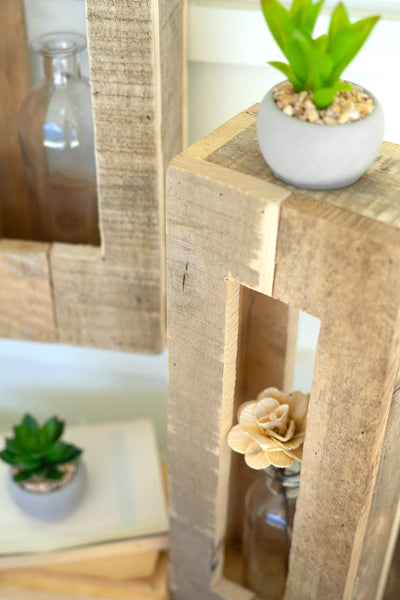 Set Of Two Wood Framed Bud Vases