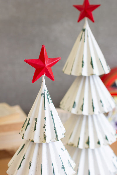 Set Of Two White Painted Metal Christmas Trees W Red Star