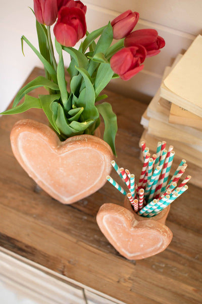 Set Of Two White-wash Clay Heart Vases