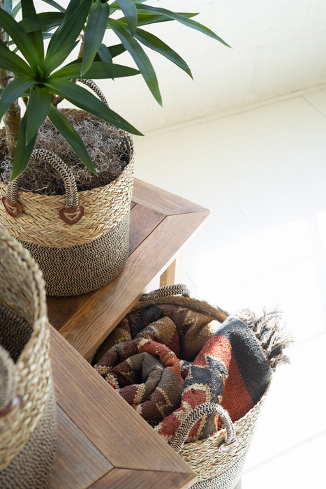 Set 3 Woven Round Seagrass Baskets W Brown Base And Handles