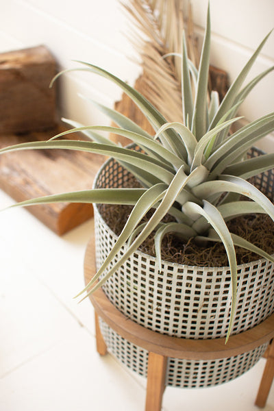 Set Of Three Woven Metal Planters With Wood Stands