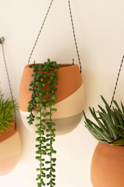 Set Of Three Clay Wall Pocket Planters With Wire Hangers