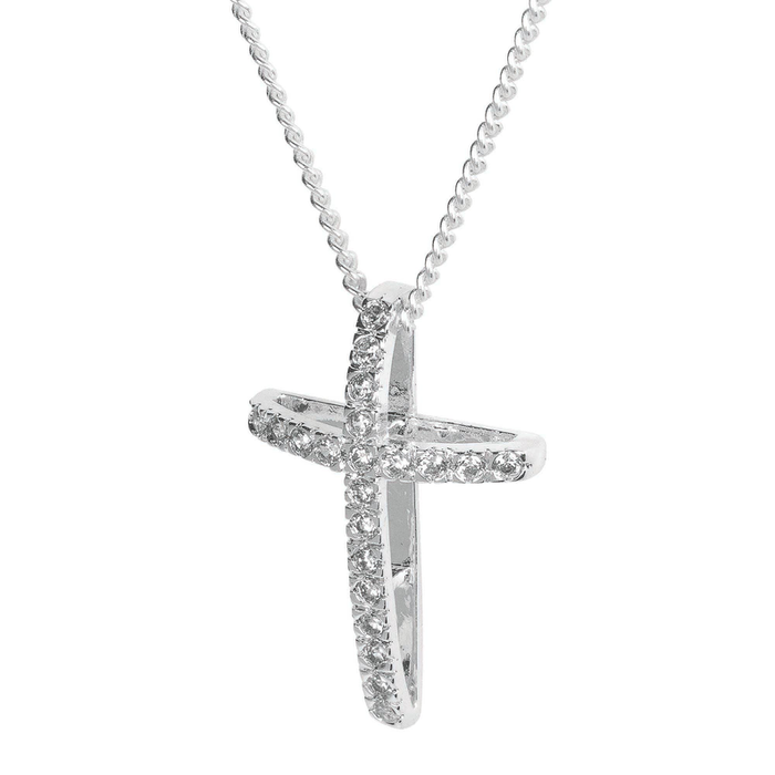 Open Bow Cz Cross Silver Plate  Chain