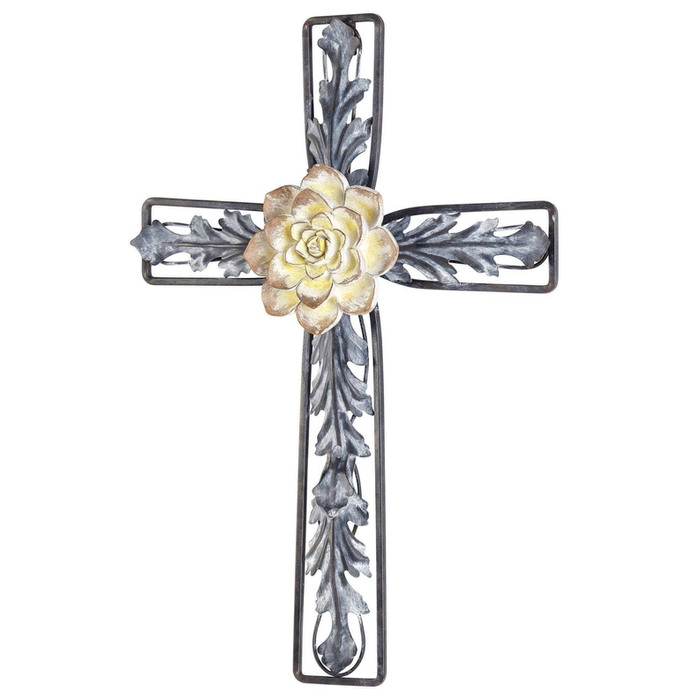 Metal Wall Cross With Resin Flower 18.5"