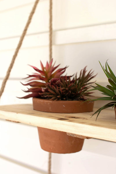 Two-tiered Hanging Wooden Shelves With Clay Pots