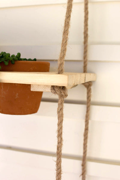 Two-tiered Hanging Wooden Shelves With Clay Pots