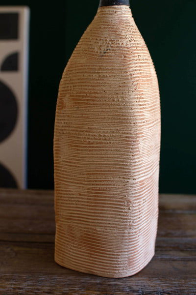 Ivory And Black Textured Clay  Bottle Vase