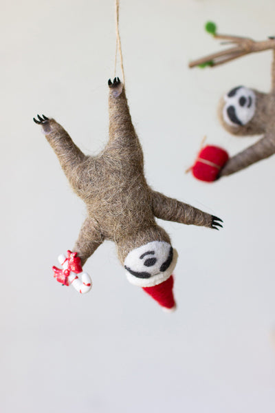 Set Of Three Felt Sloth Christmas Ornaments