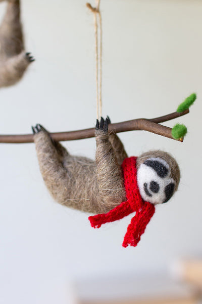 Set Of Three Felt Sloth Christmas Ornaments